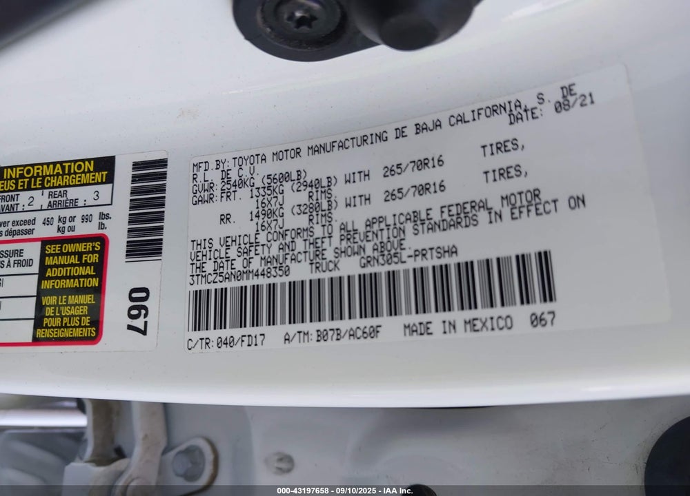 2021 TOYOTA TACOMA VIN: 3TMCZ5AN0MM448350