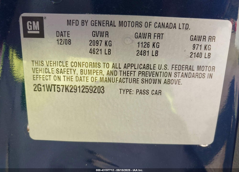 2009 CHEVROLET IMPALA LT VIN: 2G1WT57K291259203