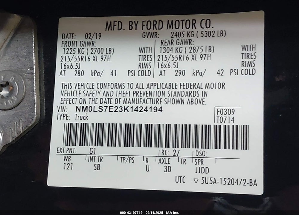 2019 FORD TRANSIT CONNECT XL VIN: NM0LS7E23K1424194