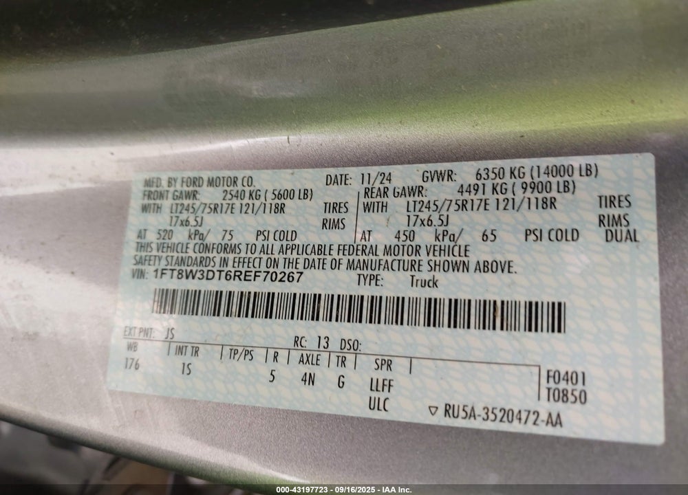 2024 FORD F 350 VIN: 1FT8W3DT6REF70267