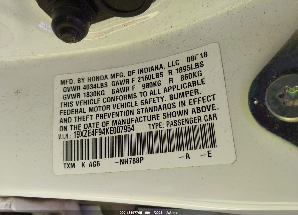 2019 HONDA INSIGHT VIN: 19XZE4F94KE007954
