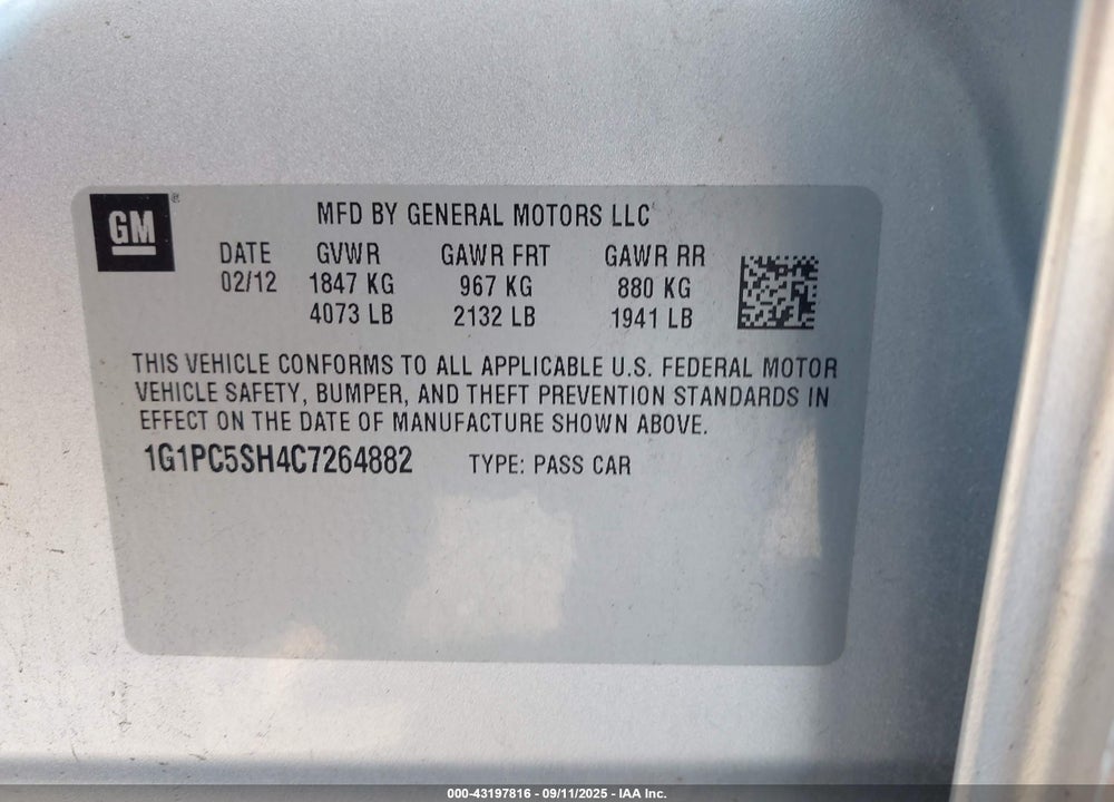 2012 CHEVROLET CRUZE VIN: 1G1PC5SH4C7264882
