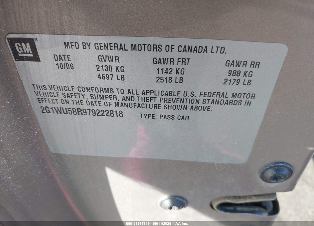 2007 CHEVROLET IMPALA LTZ VIN: 2G1WU58R979222818
