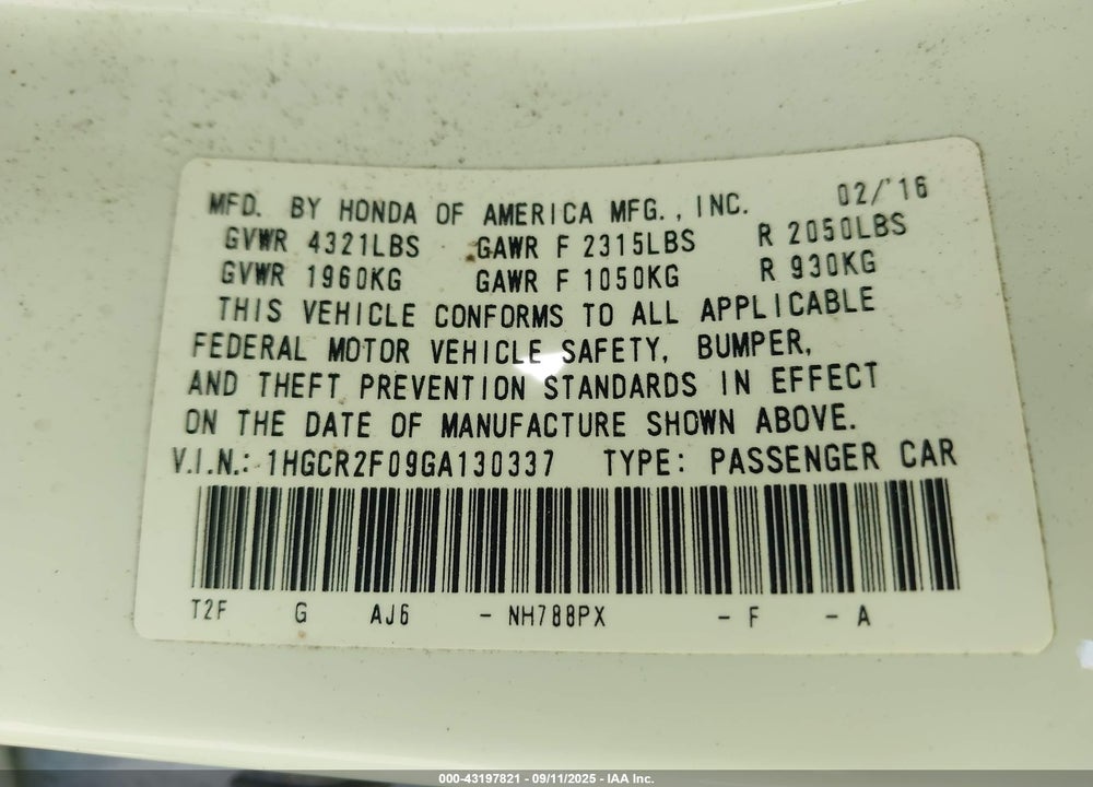 2016 HONDA ACCORD VIN: 1HGCR2F09GA130337