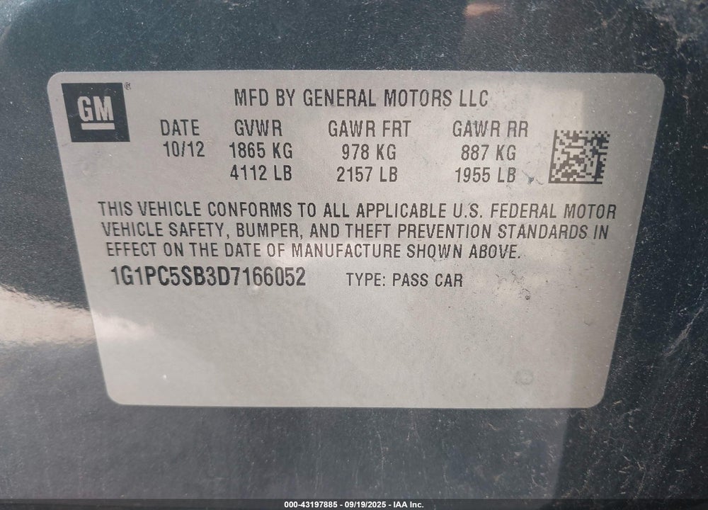 2013 CHEVROLET CRUZE 1LT AUTO VIN: 1G1PC5SB3D7166052
