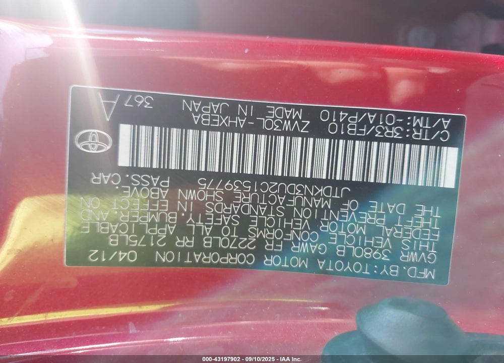 2012 TOYOTA PRIUS TWO VIN: JTDKN3DU2C1539775