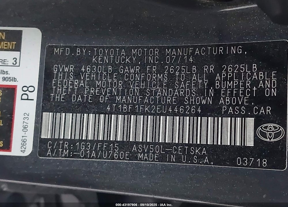 2014 TOYOTA CAMRY VIN: 4T1BF1FK2EU446264
