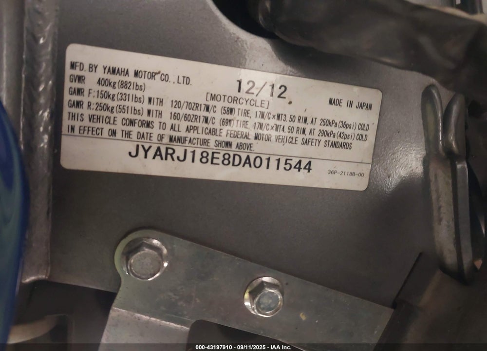 2013 YAMAHA FZ6 R VIN: JYARJ18E8DA011544