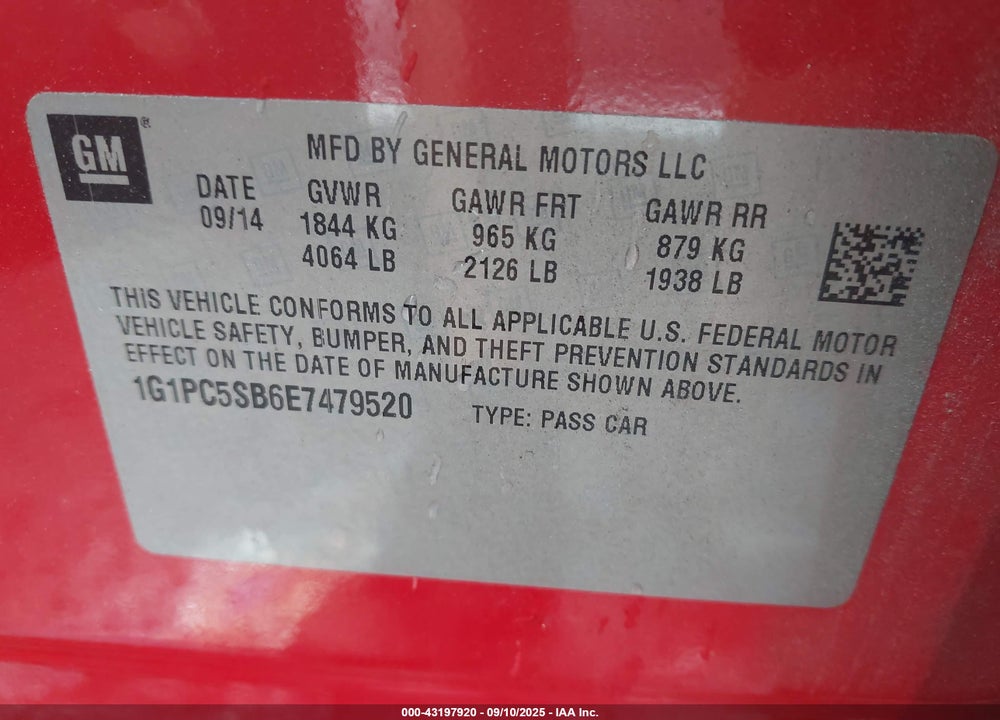 2014 CHEVROLET CRUZE VIN: 1G1PC5SB6E7479520