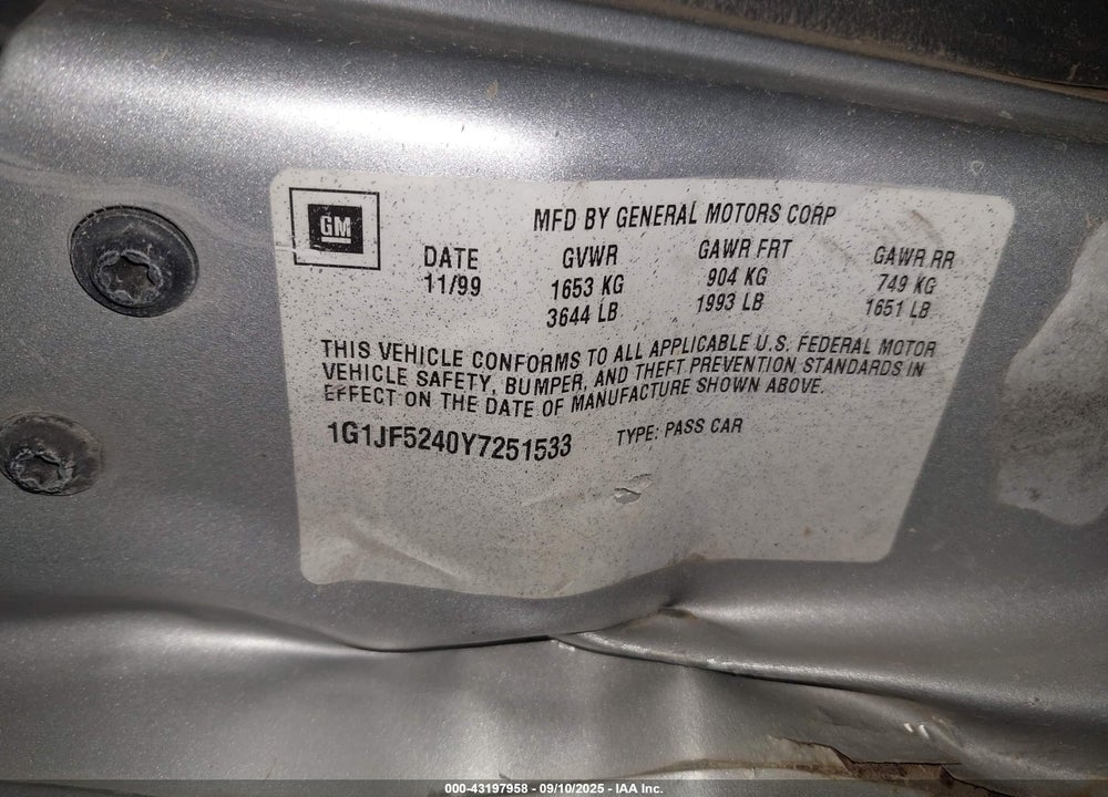2000 CHEVROLET CAVALIER LS VIN: 1G1JF5240Y7251533