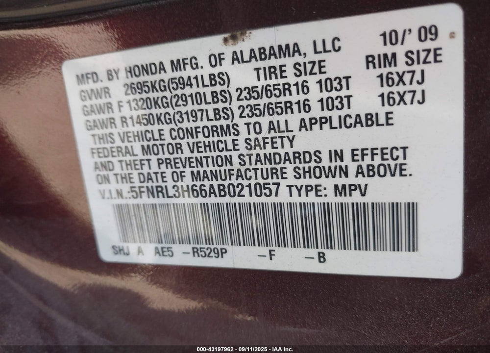2010 HONDA ODYSSEY EX-L VIN: 5FNRL3H66AB021057