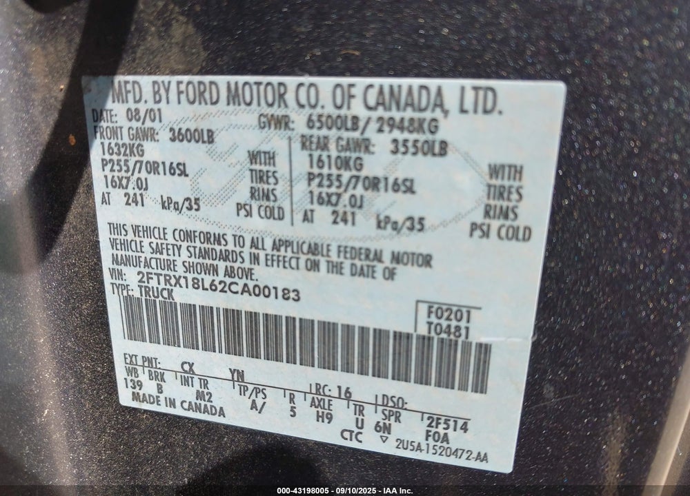 2002 FORD F-150 LARIAT/XL/XLT VIN: 2FTRX18L62CA00183