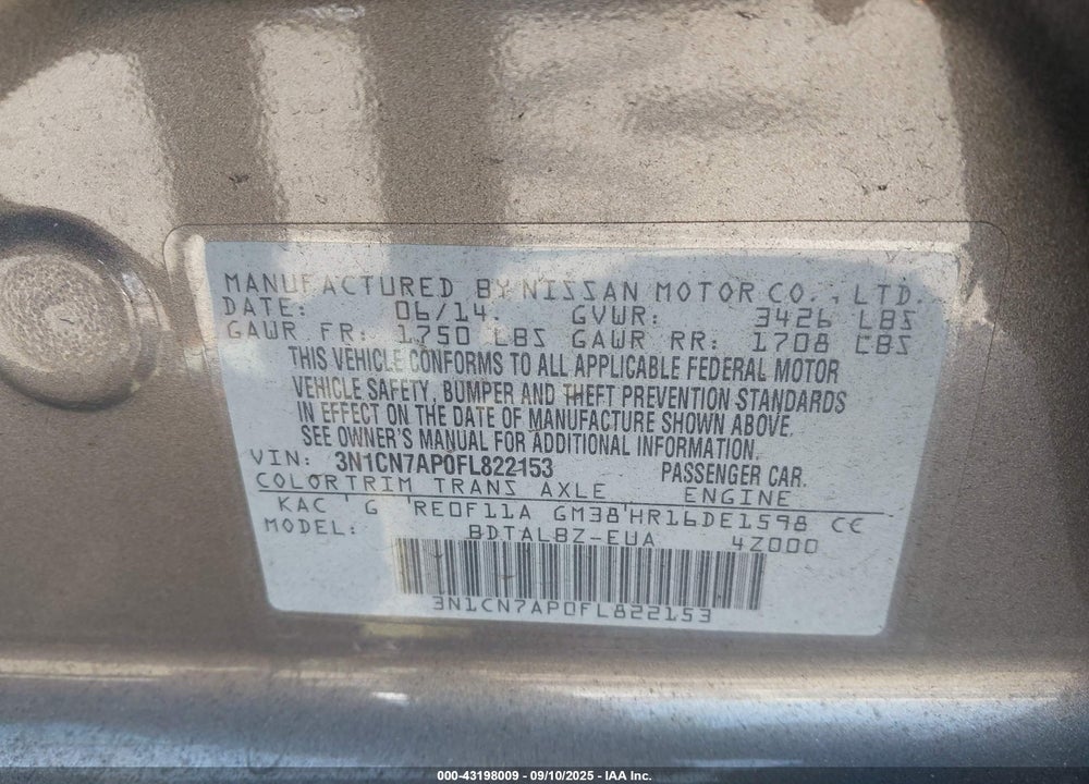 2015 NISSAN VERSA VIN: 3N1CN7AP0FL822153