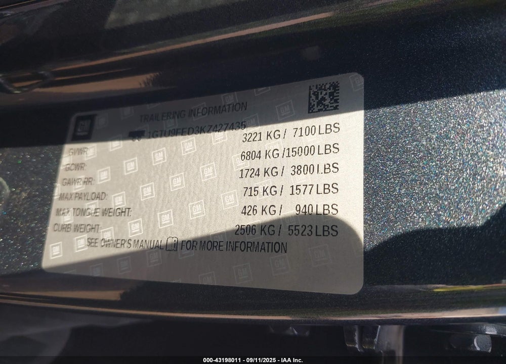 2019 GMC SIERRA 1500 VIN: 1GTU9FED3KZ427435