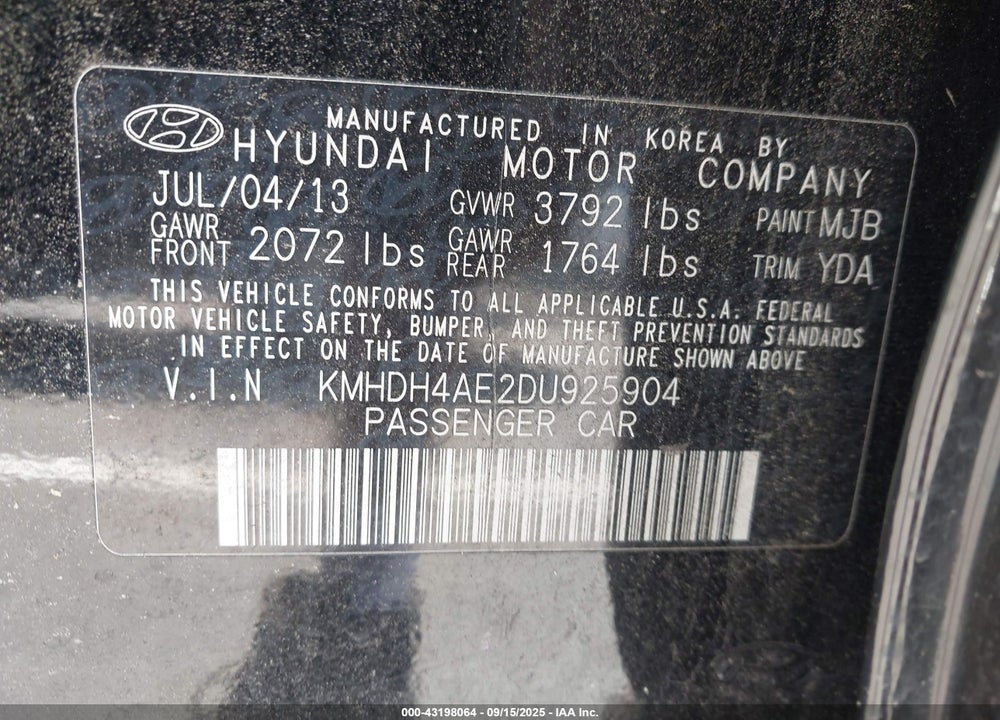 2013 HYUNDAI ELANTRA GLS VIN: KMHDH4AE2DU925904