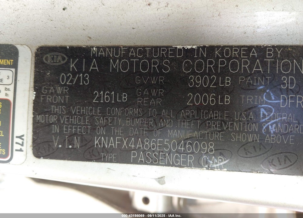 2014 KIA FORTE VIN: KNAFX4A86E5046098