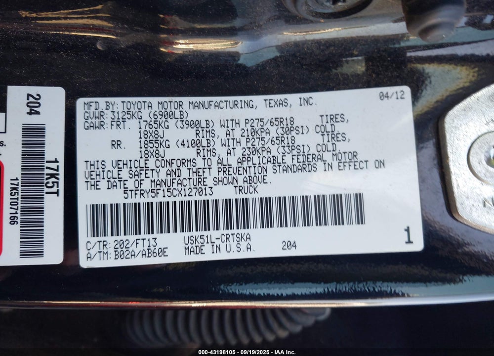 2012 TOYOTA TUNDRA GRADE 5.7L V8 VIN: 5TFRY5F15CX127013