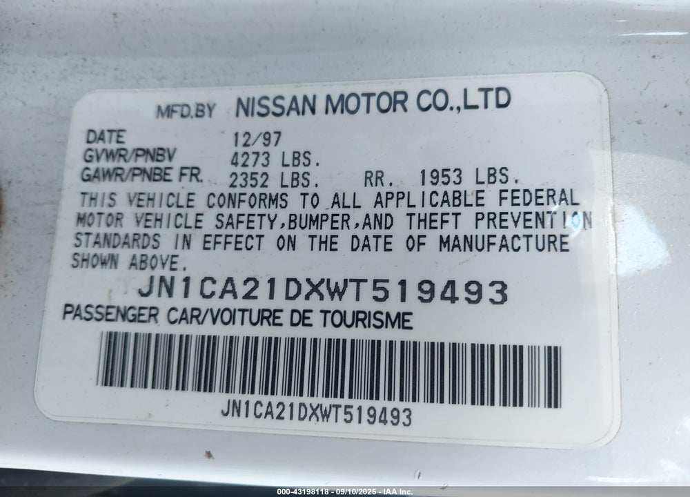 1998 NISSAN MAXIMA GLE/GXE/SE VIN: JN1CA21DXWT519493