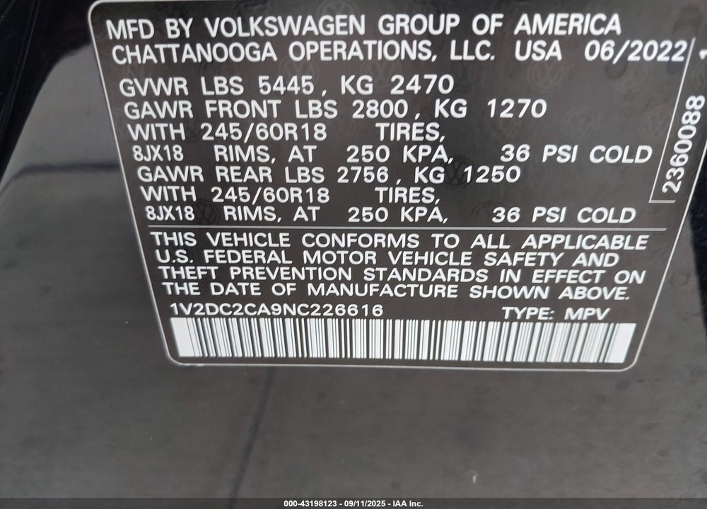 2022 VOLKSWAGEN ATLAS CROSS SPORT 2.0T SE VIN: 1V2DC2CA9NC226616