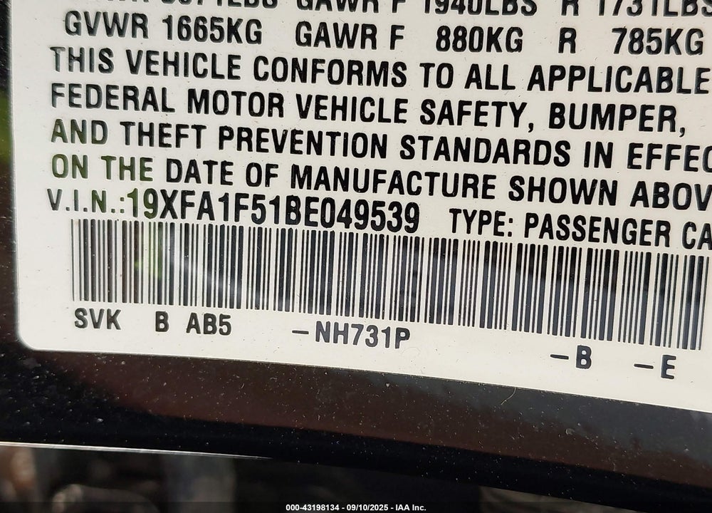 2011 HONDA CIVIC VIN: 19XFA1F51BE049539