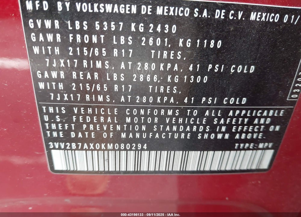 2019 VOLKSWAGEN TIGUAN VIN: 3VV2B7AX0KM080294