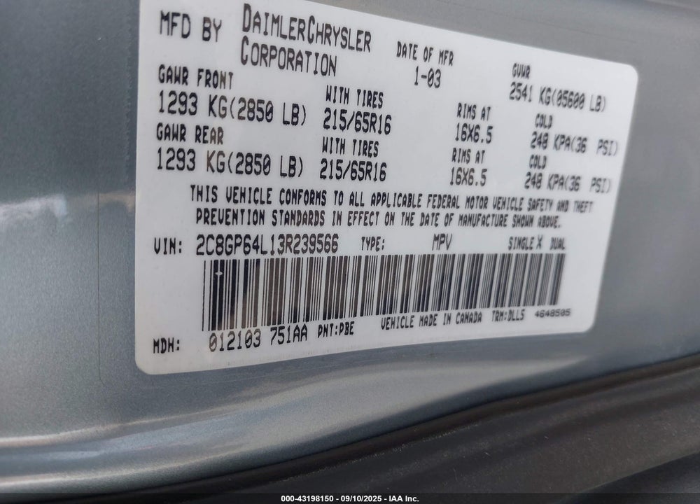 2003 CHRYSLER TOWN & COUNTRY LIMITED VIN: 2C8GP64L13R239566