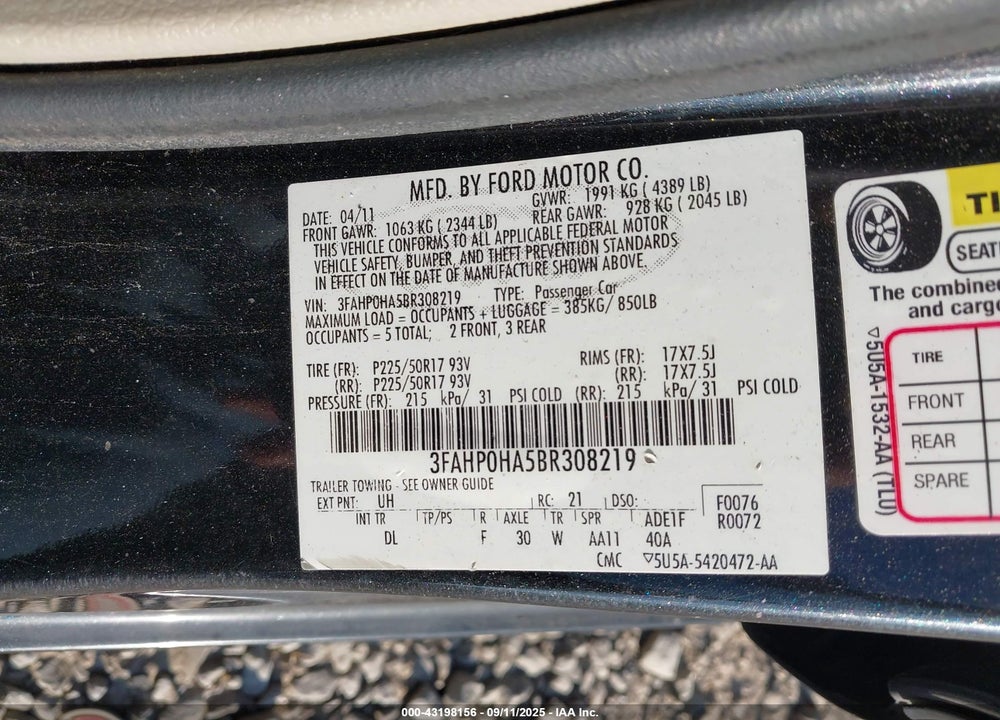 2011 FORD FUSION SE VIN: 3FAHP0HA5BR308219