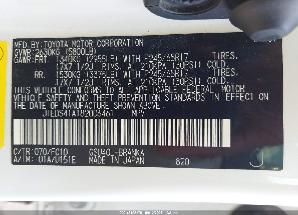 2008 TOYOTA HIGHLANDER VIN: JTEDS41A182006461
