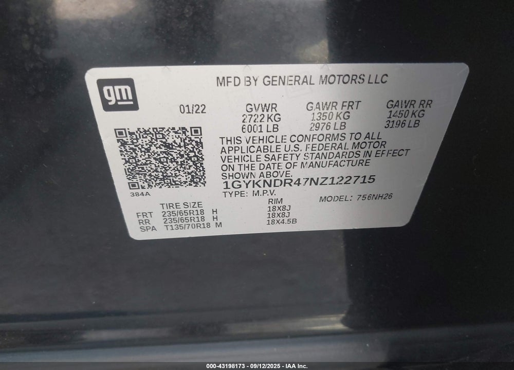 2022 CADILLAC XT5 VIN: 1GYKNDR47NZ122715