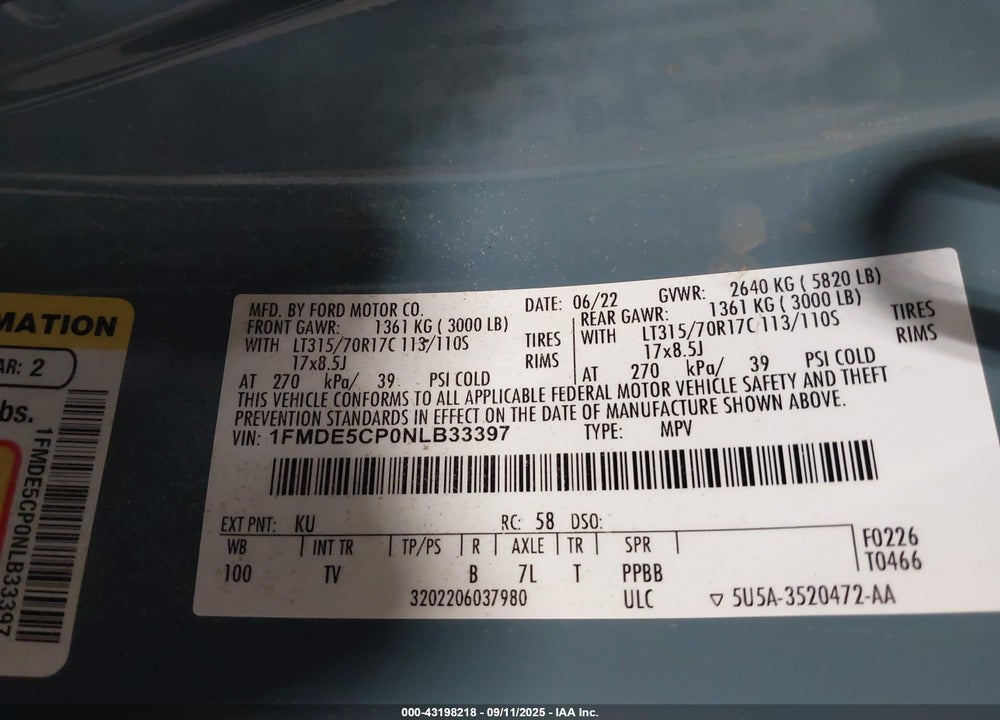 2022 FORD BRONCO WILDTRAK VIN: 1FMDE5CP0NLB33397