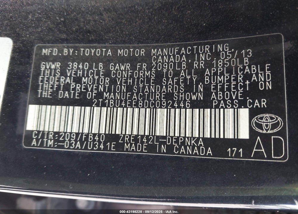 2013 TOYOTA COROLLA LE VIN: 2T1BU4EE8DC092446