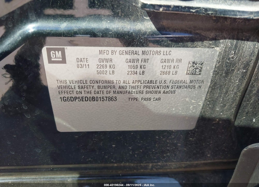 2011 CADILLAC CTS PREMIUM VIN: 1G6DP5ED0B0157863