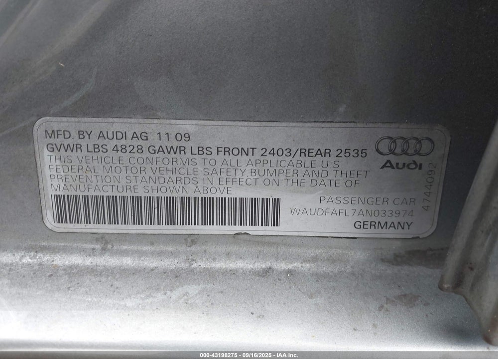 2010 AUDI A4 VIN: WAUDFAFL7AN033974