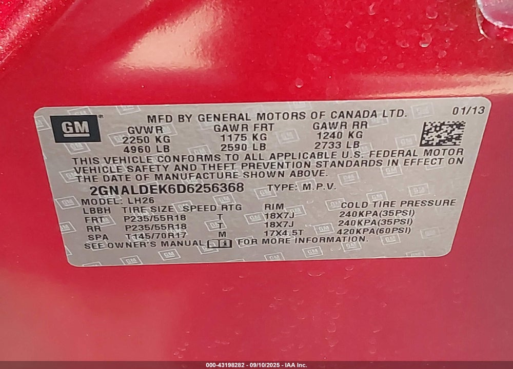 2013 CHEVROLET EQUINOX VIN: 2GNALDEK6D6256368