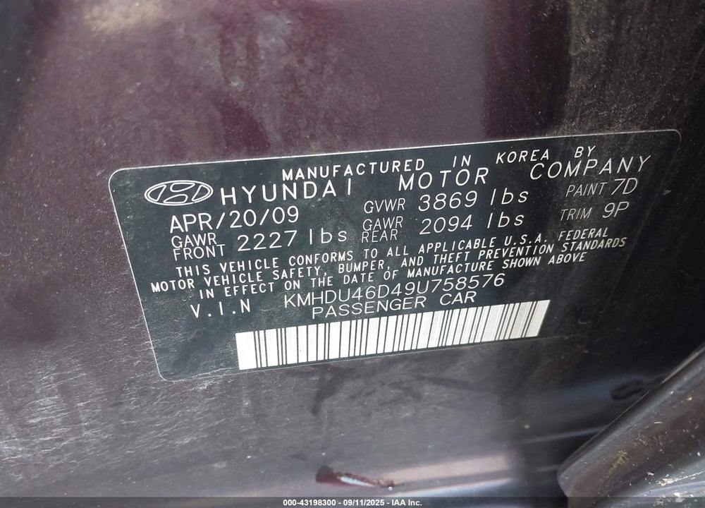 2009 HYUNDAI ELANTRA SE VIN: KMHDU46D49U758576