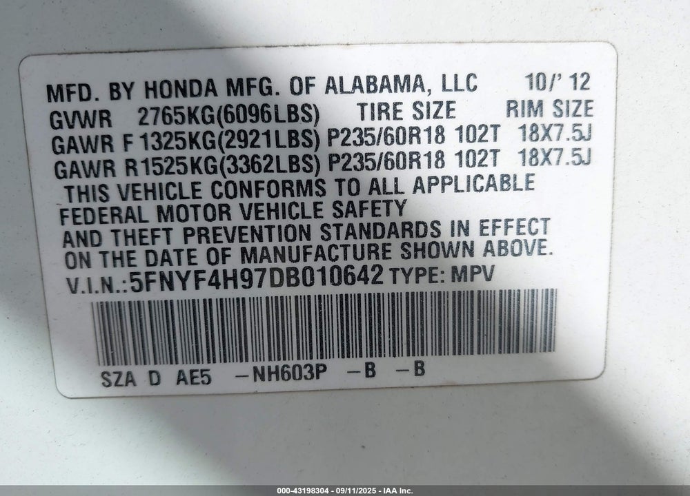 2013 HONDA PILOT VIN: 5FNYF4H97DB010642