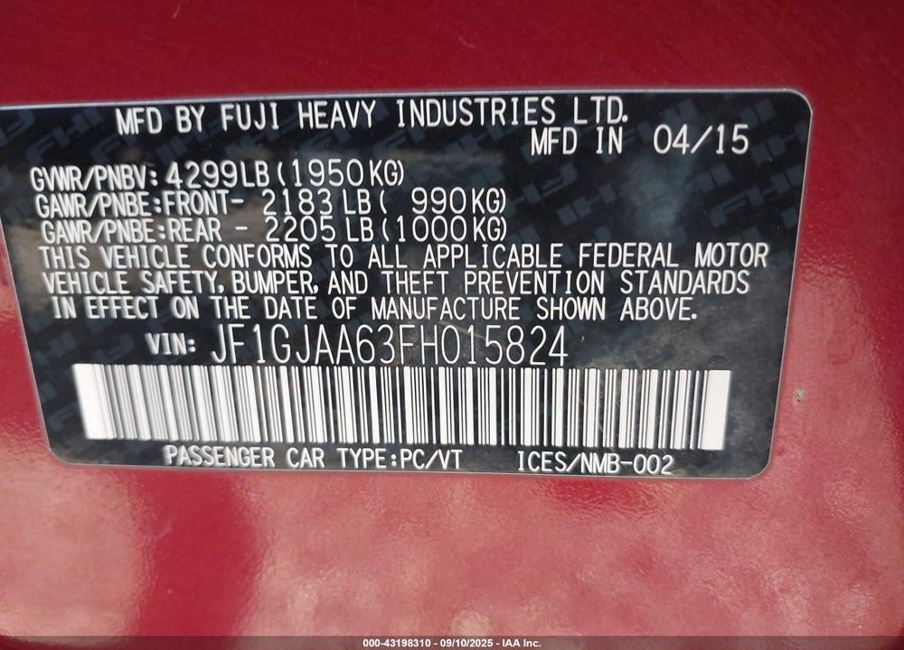 2015 SUBARU IMPREZA VIN: JF1GJAA63FH015824