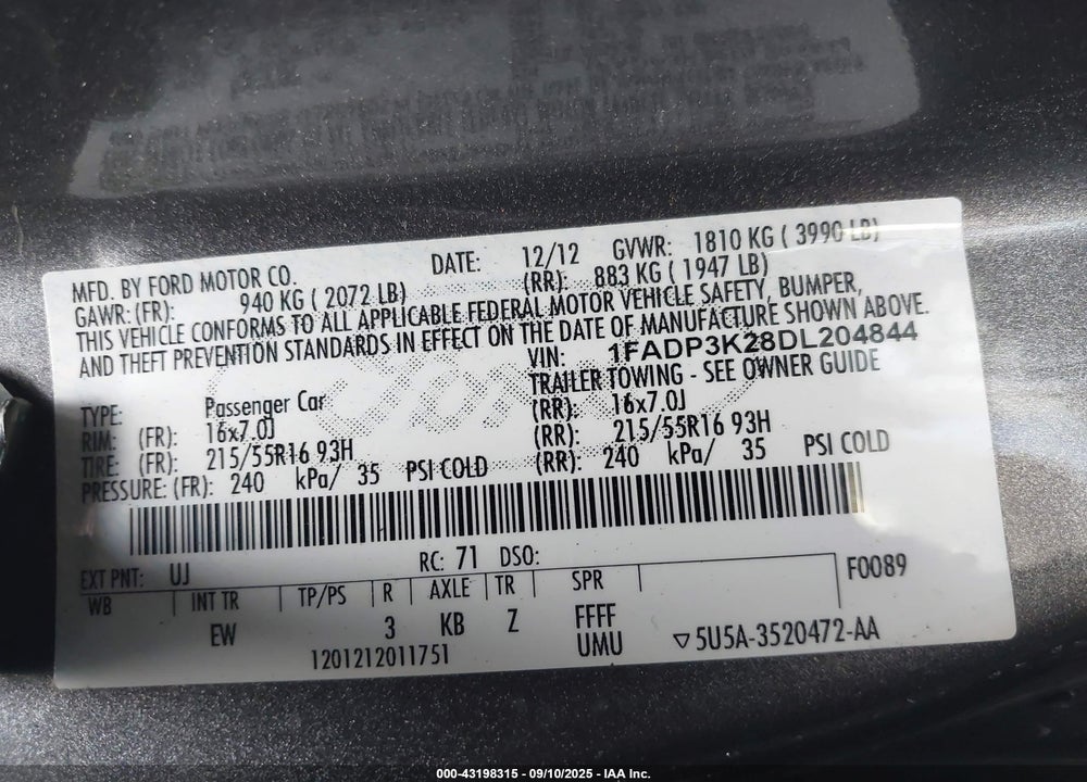 2013 FORD FOCUS VIN: 1FADP3K28DL204844