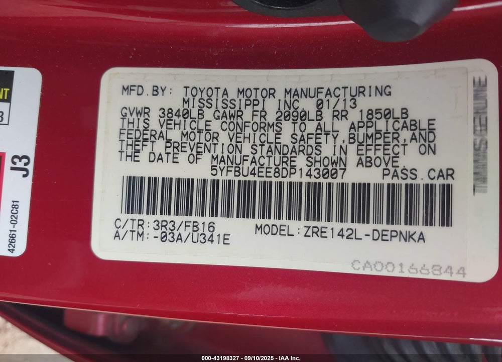 2013 TOYOTA COROLLA VIN: 5YFBU4EE8DP143007