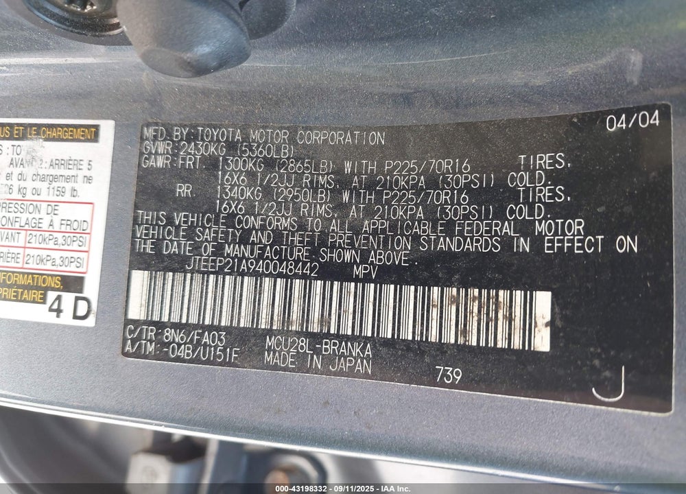 2004 TOYOTA HIGHLANDER V6 VIN: JTEEP21A940048442