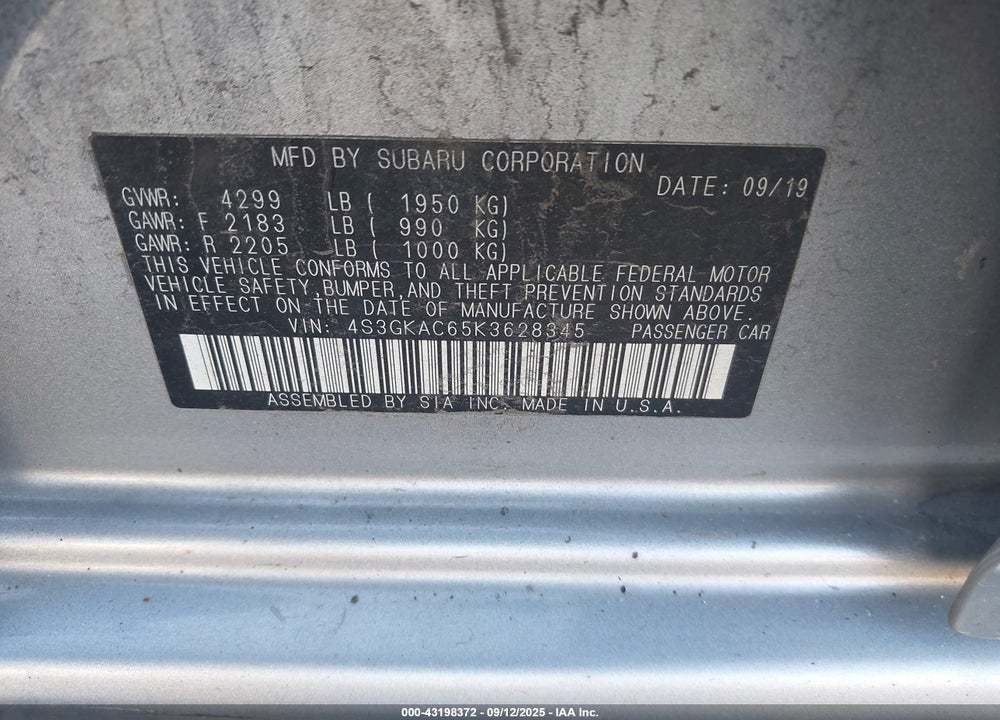 2019 SUBARU IMPREZA 2.0I PREMIUM VIN: 4S3GKAC65K3628345