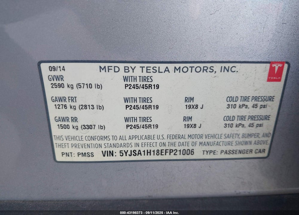 2014 TESLA MODEL S VIN: 5YJSA1H18EFP21006