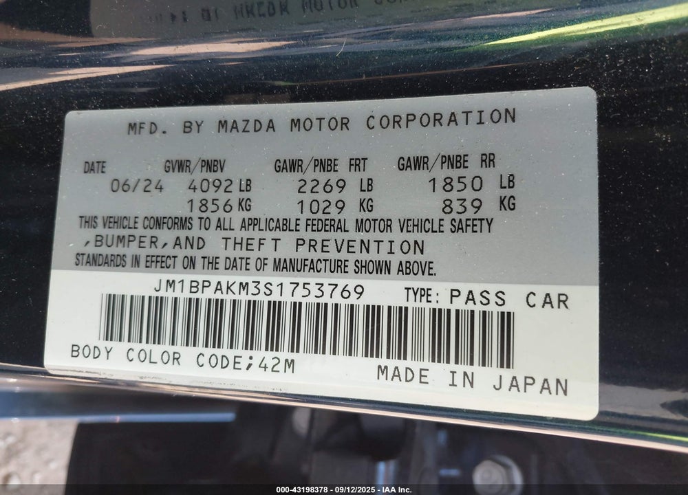 2025 MAZDA 3 2.5 S SELECT SPORT VIN: JM1BPAKM3S1753769