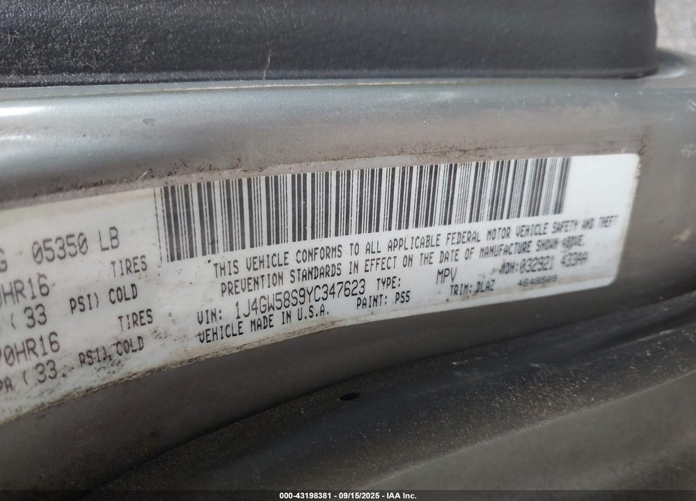 2000 JEEP GRAND CHEROKEE LIMITED VIN: 1J4GW58S9YC347623