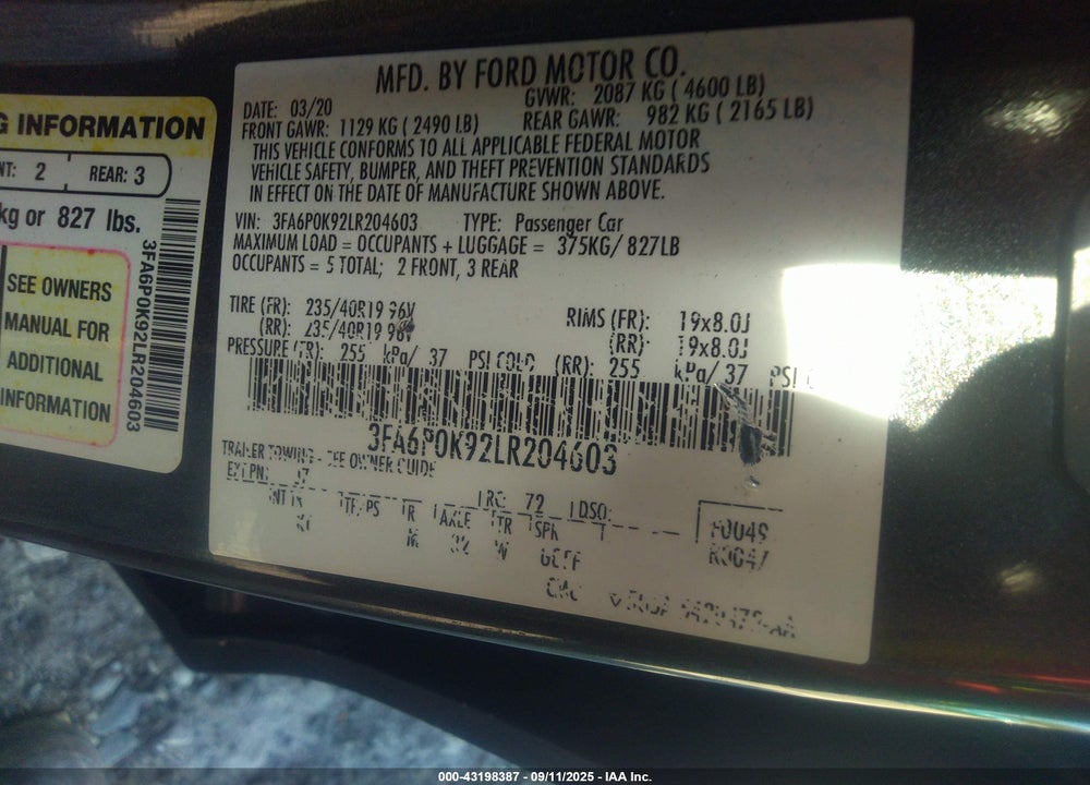 2020 FORD FUSION VIN: 3FA6P0K92LR204603