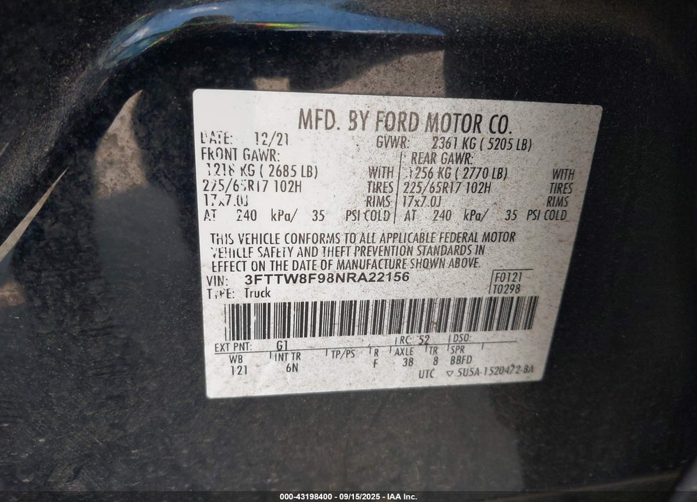 2022 FORD MAVERICK LARIAT VIN: 3FTTW8F98NRA22156