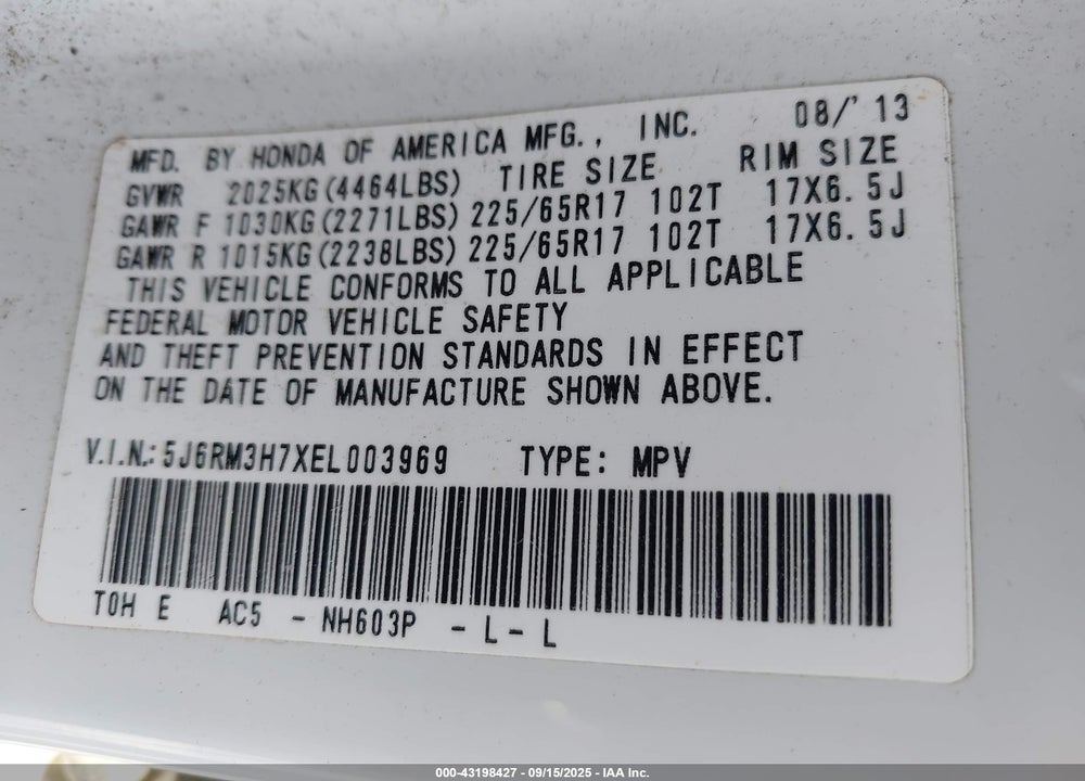 2014 HONDA CR-V VIN: 5J6RM3H7XEL003969