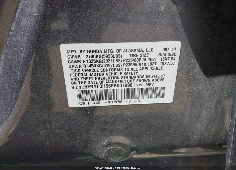 2015 HONDA PILOT VIN: 5FNYF3H56FB007998