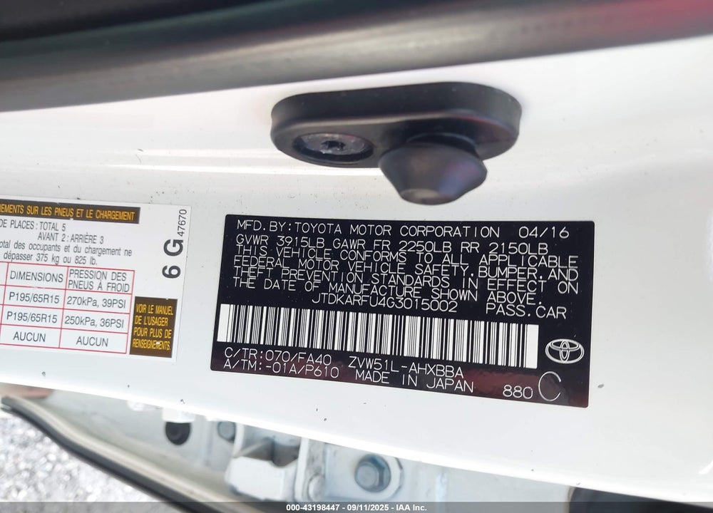 2016 TOYOTA PRIUS TWO ECO VIN: JTDKARFU4G3015002