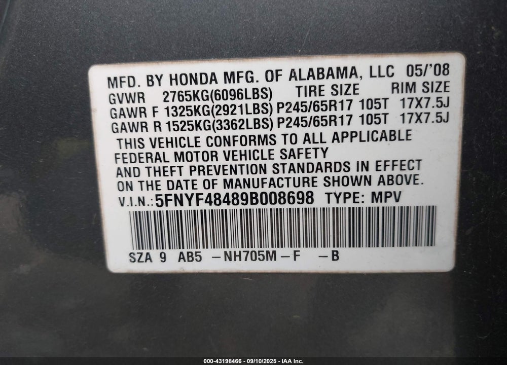 2009 HONDA PILOT EX VIN: 5FNYF48489B008698